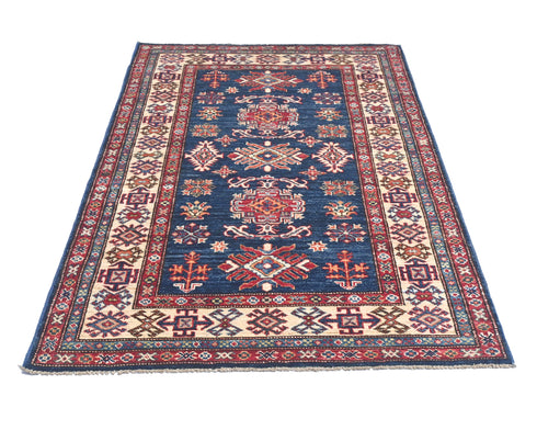 3x5 Blue Kazak Afghan Hand Knotted Geometric Wool Area Rug